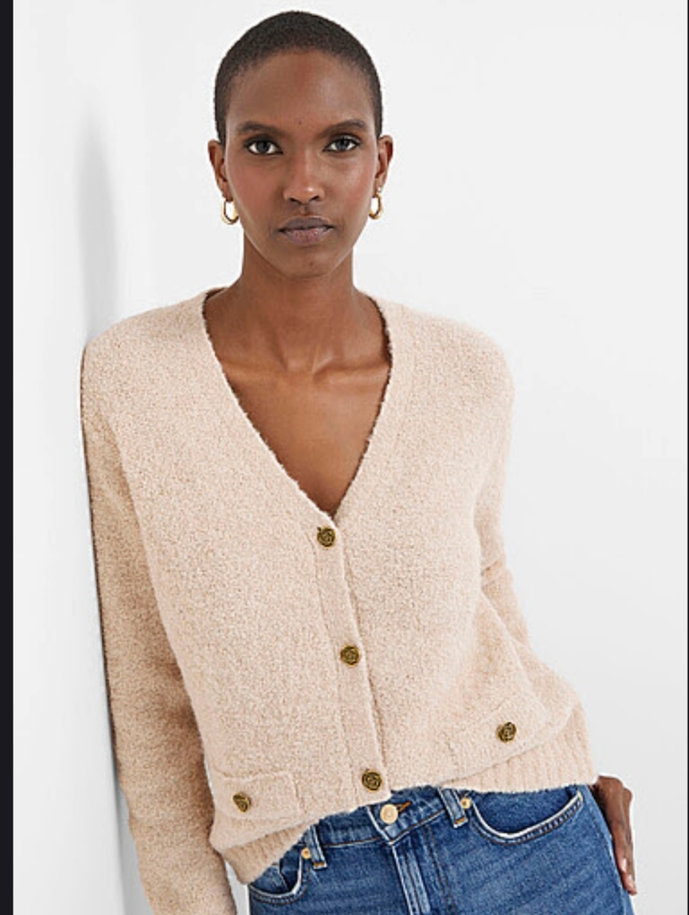 Simons Rose-buttons bouclé cardigan (M) | Sand